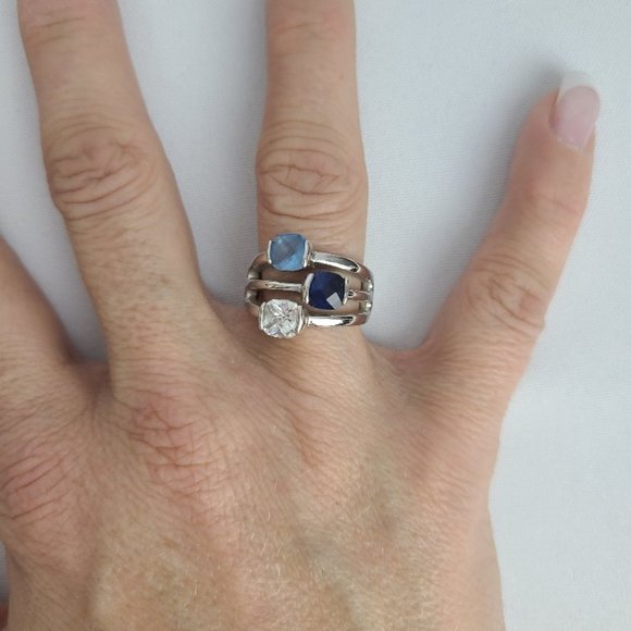 Lia Sophia Silver Blue & Black Crystal Ring Size 8